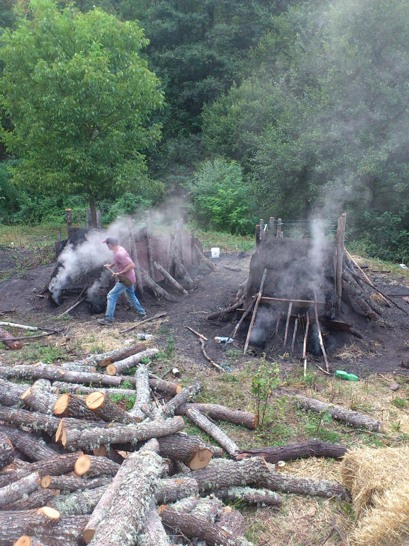 Charcoal being carbonized and cooled